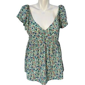Staccato Womens Large On or Off The Shoulder Green Floral Blouse Shirt V-Neck